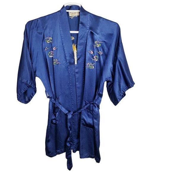 Health Shanghai Size M Kimono Robe Silky Rayon Embroidered Dragon Tie Belt Blue - Picture 3 of 14